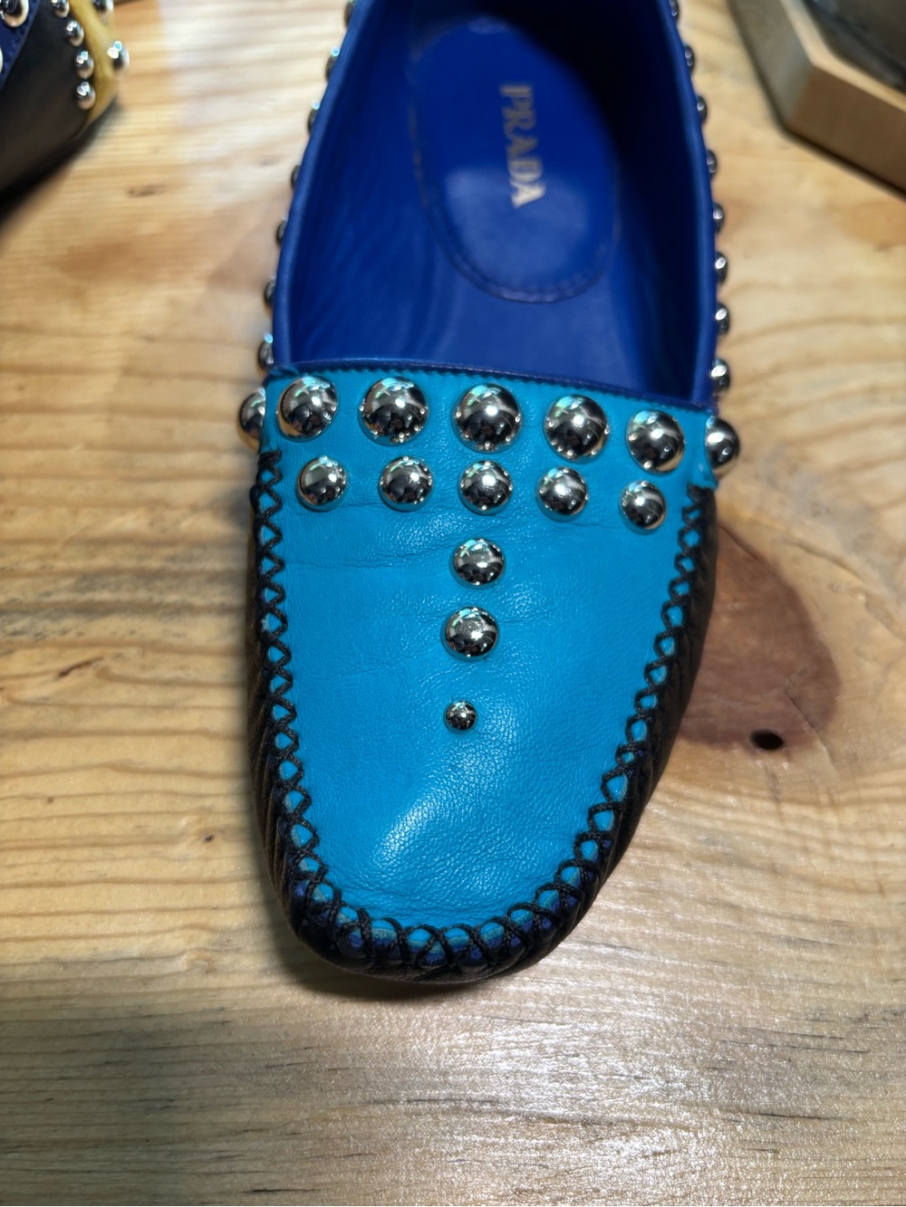 Prada Turquoise and Black Studded Leather Slip-On Loafers - Picture 5 of 7
